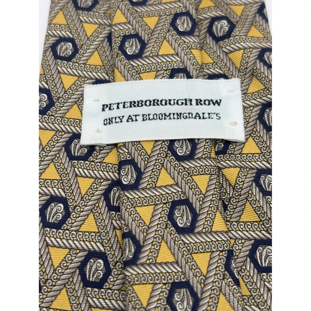 Peterborough Row Bloomingdales Silk Tie Yellow Navy Blue Geometric Rope Pattern